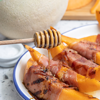 DelMonte-FeaturedRecipeImage-Grilled Prosciutto Wrapped Melon with Hot Honey-332x332
